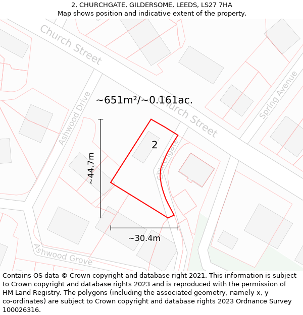 2, CHURCHGATE, GILDERSOME, LEEDS, LS27 7HA: Plot and title map