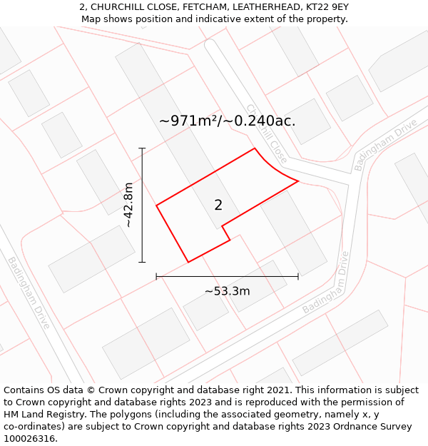 2, CHURCHILL CLOSE, FETCHAM, LEATHERHEAD, KT22 9EY: Plot and title map