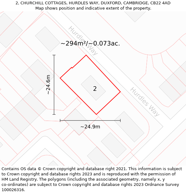 2, CHURCHILL COTTAGES, HURDLES WAY, DUXFORD, CAMBRIDGE, CB22 4AD: Plot and title map