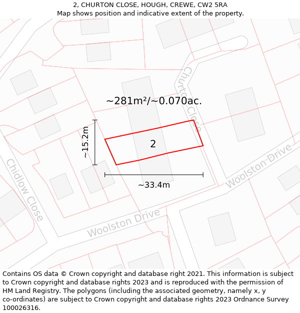 2, CHURTON CLOSE, HOUGH, CREWE, CW2 5RA: Plot and title map