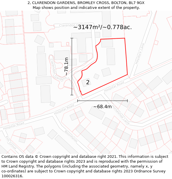 2, CLARENDON GARDENS, BROMLEY CROSS, BOLTON, BL7 9GX: Plot and title map