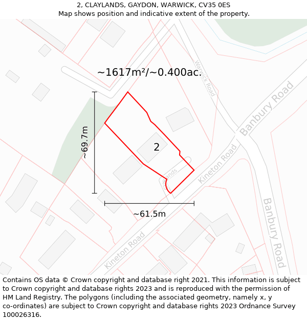 2, CLAYLANDS, GAYDON, WARWICK, CV35 0ES: Plot and title map