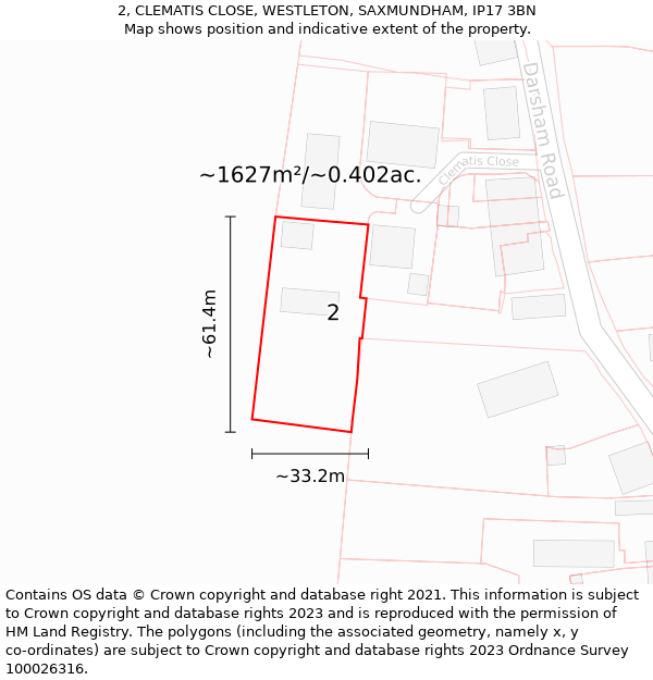 2, CLEMATIS CLOSE, WESTLETON, SAXMUNDHAM, IP17 3BN: Plot and title map