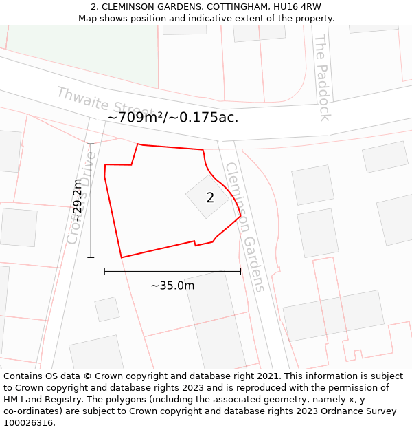 2, CLEMINSON GARDENS, COTTINGHAM, HU16 4RW: Plot and title map