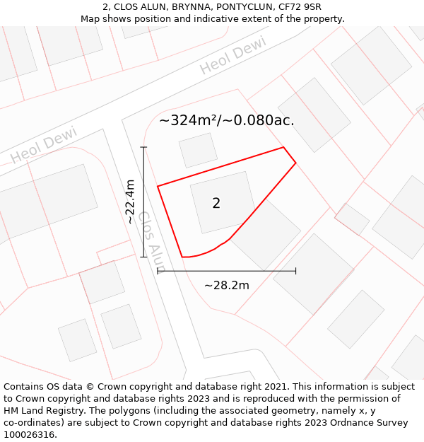 2, CLOS ALUN, BRYNNA, PONTYCLUN, CF72 9SR: Plot and title map