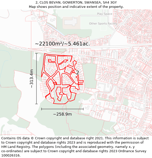 2, CLOS BEVAN, GOWERTON, SWANSEA, SA4 3GY: Plot and title map