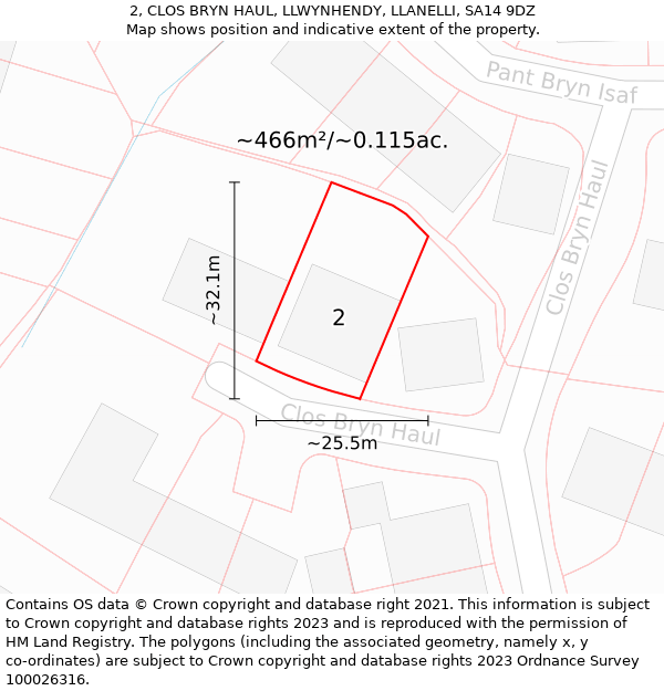 2, CLOS BRYN HAUL, LLWYNHENDY, LLANELLI, SA14 9DZ: Plot and title map