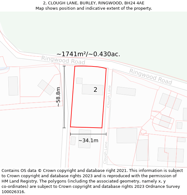 2, CLOUGH LANE, BURLEY, RINGWOOD, BH24 4AE: Plot and title map