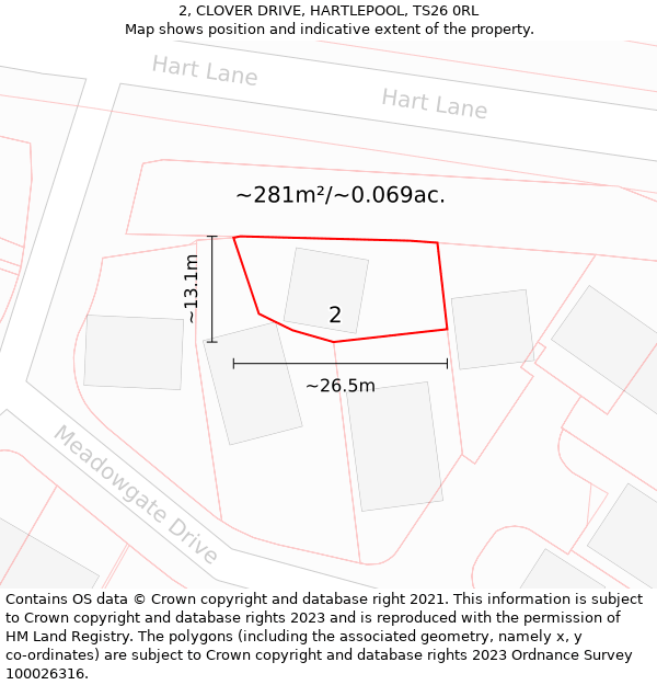 2, CLOVER DRIVE, HARTLEPOOL, TS26 0RL: Plot and title map
