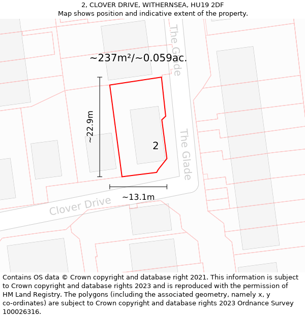 2, CLOVER DRIVE, WITHERNSEA, HU19 2DF: Plot and title map