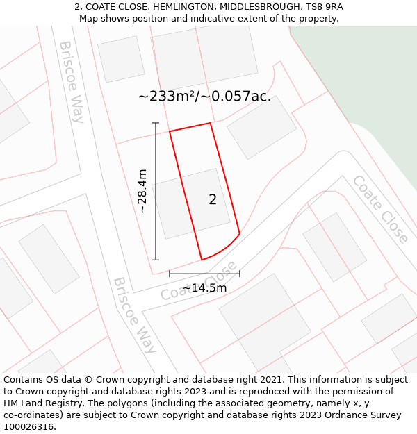 2, COATE CLOSE, HEMLINGTON, MIDDLESBROUGH, TS8 9RA: Plot and title map