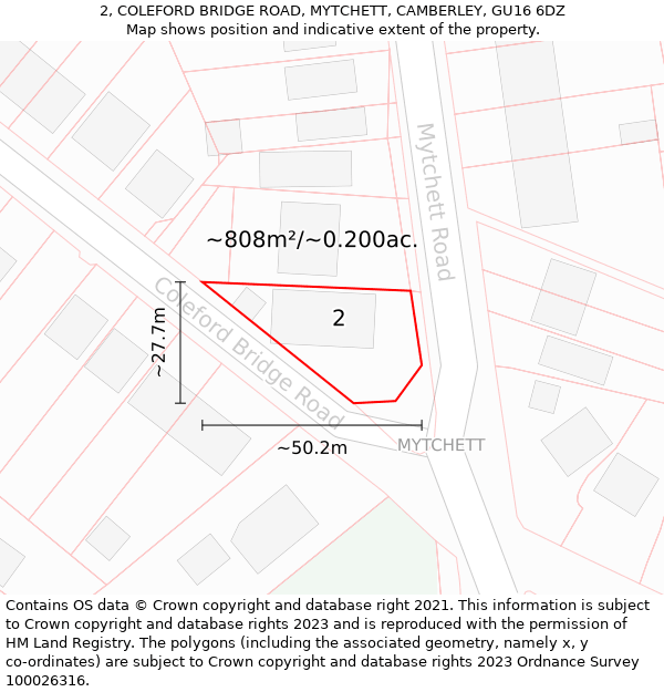 2, COLEFORD BRIDGE ROAD, MYTCHETT, CAMBERLEY, GU16 6DZ: Plot and title map