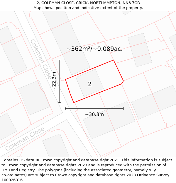 2, COLEMAN CLOSE, CRICK, NORTHAMPTON, NN6 7GB: Plot and title map