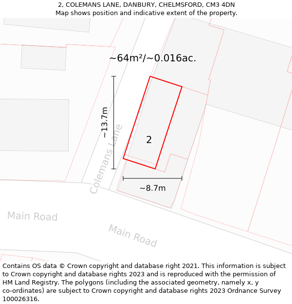 2, COLEMANS LANE, DANBURY, CHELMSFORD, CM3 4DN: Plot and title map