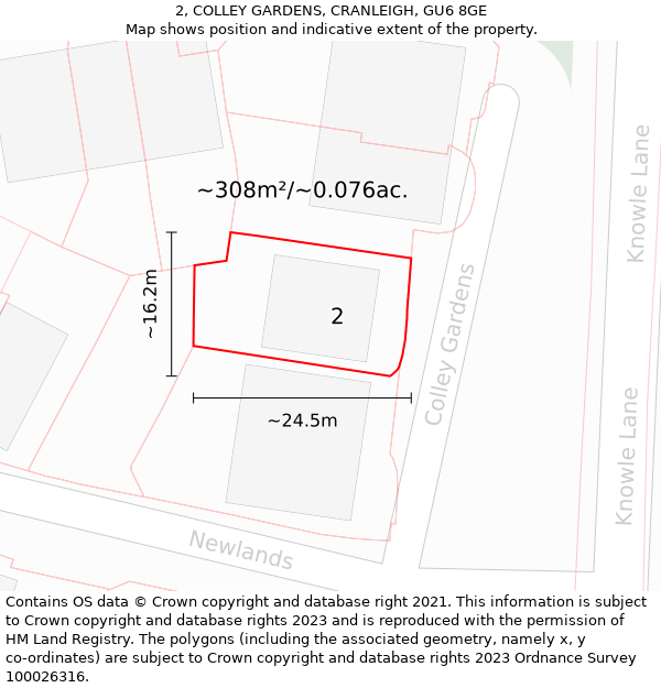 2, COLLEY GARDENS, CRANLEIGH, GU6 8GE: Plot and title map