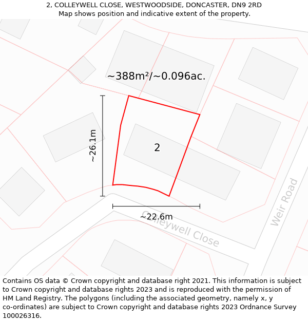 2, COLLEYWELL CLOSE, WESTWOODSIDE, DONCASTER, DN9 2RD: Plot and title map