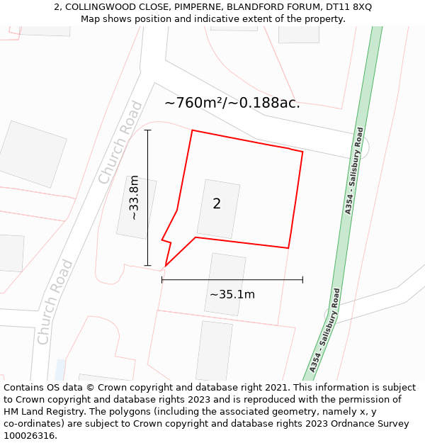 2, COLLINGWOOD CLOSE, PIMPERNE, BLANDFORD FORUM, DT11 8XQ: Plot and title map