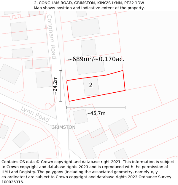 2, CONGHAM ROAD, GRIMSTON, KING'S LYNN, PE32 1DW: Plot and title map