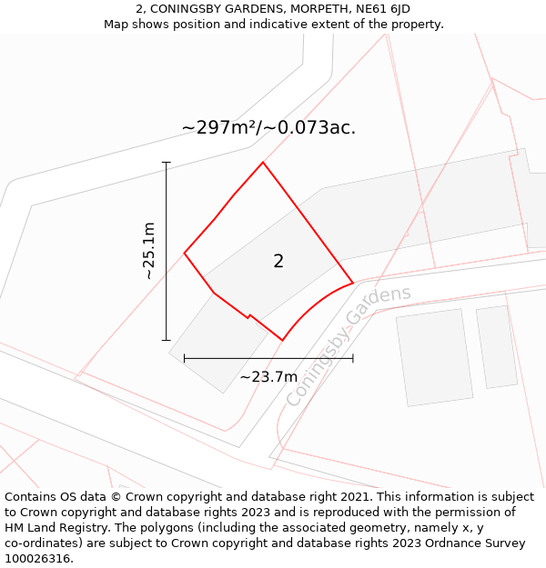 2, CONINGSBY GARDENS, MORPETH, NE61 6JD: Plot and title map