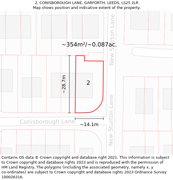 2, CONISBOROUGH LANE, GARFORTH, LEEDS, LS25 2LR: Plot and title map