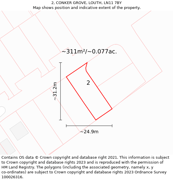 2, CONKER GROVE, LOUTH, LN11 7BY: Plot and title map