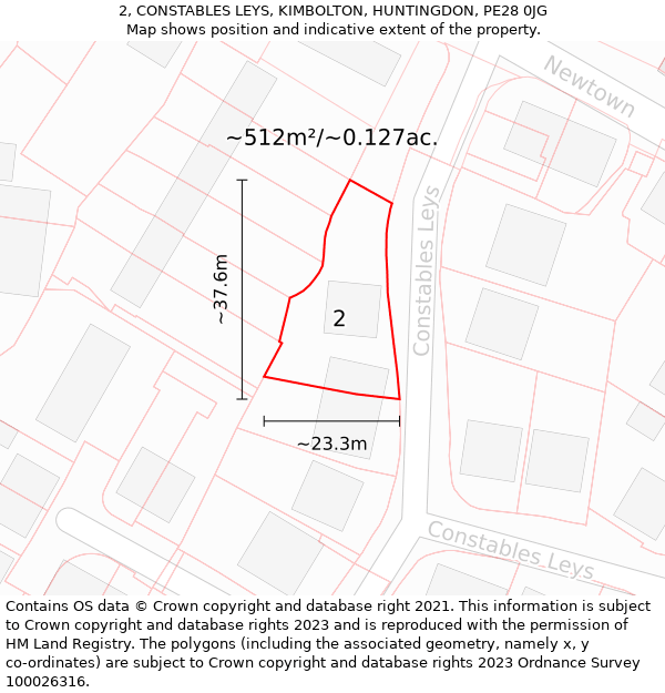 2, CONSTABLES LEYS, KIMBOLTON, HUNTINGDON, PE28 0JG: Plot and title map