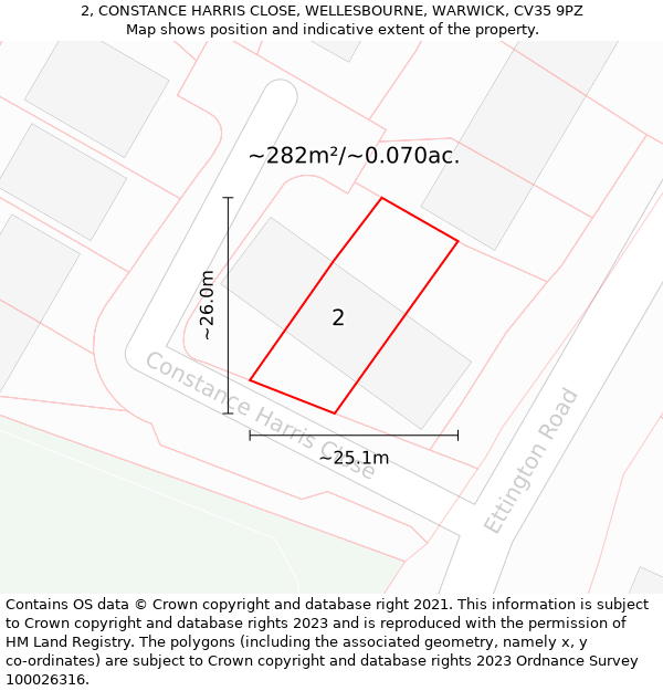 2, CONSTANCE HARRIS CLOSE, WELLESBOURNE, WARWICK, CV35 9PZ: Plot and title map