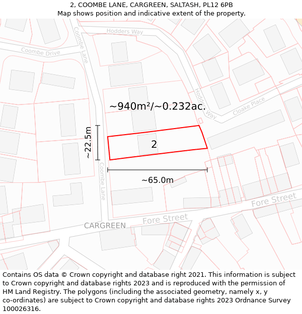 2, COOMBE LANE, CARGREEN, SALTASH, PL12 6PB: Plot and title map