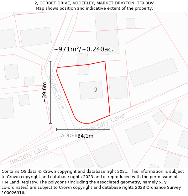 2, CORBET DRIVE, ADDERLEY, MARKET DRAYTON, TF9 3LW: Plot and title map