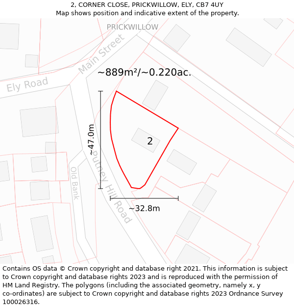 2, CORNER CLOSE, PRICKWILLOW, ELY, CB7 4UY: Plot and title map