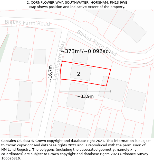 2, CORNFLOWER WAY, SOUTHWATER, HORSHAM, RH13 9WB: Plot and title map