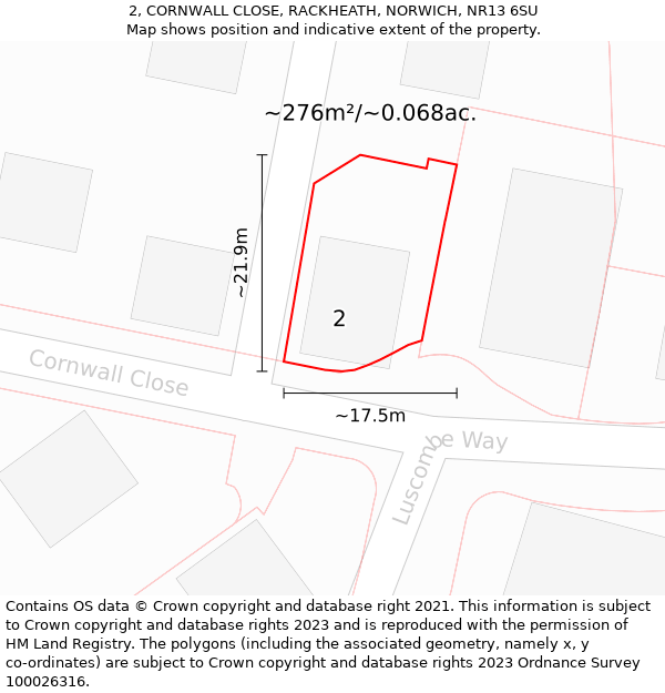 2, CORNWALL CLOSE, RACKHEATH, NORWICH, NR13 6SU: Plot and title map