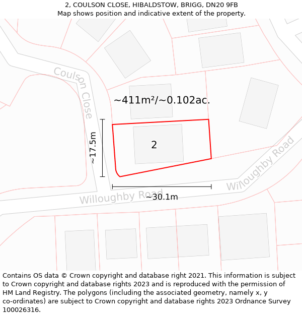 2, COULSON CLOSE, HIBALDSTOW, BRIGG, DN20 9FB: Plot and title map