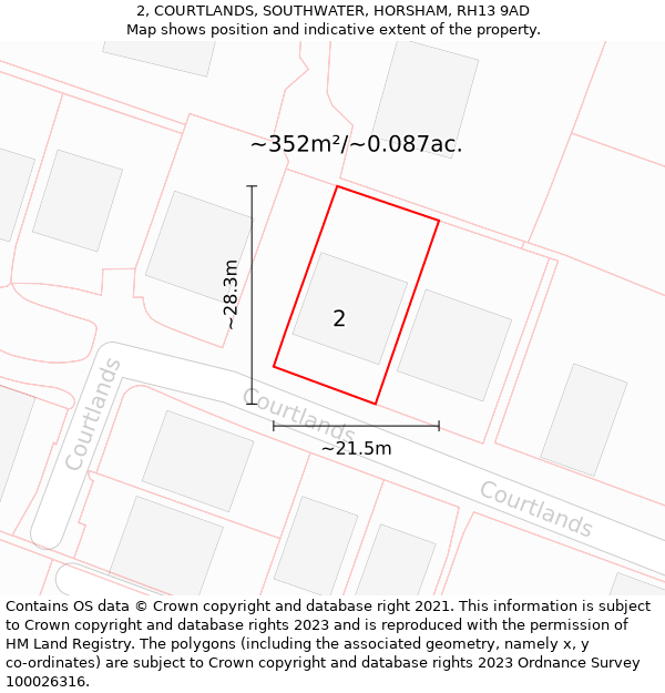 2, COURTLANDS, SOUTHWATER, HORSHAM, RH13 9AD: Plot and title map