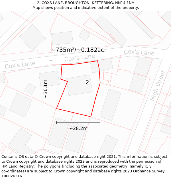 2, COXS LANE, BROUGHTON, KETTERING, NN14 1NA: Plot and title map