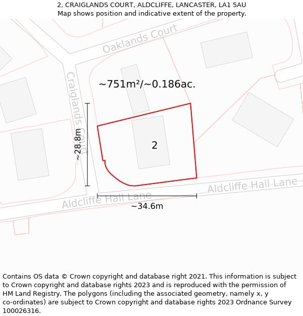 2, CRAIGLANDS COURT, ALDCLIFFE, LANCASTER, LA1 5AU: Plot and title map