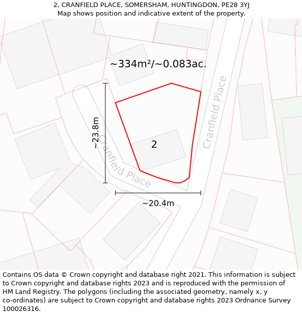 2, CRANFIELD PLACE, SOMERSHAM, HUNTINGDON, PE28 3YJ: Plot and title map