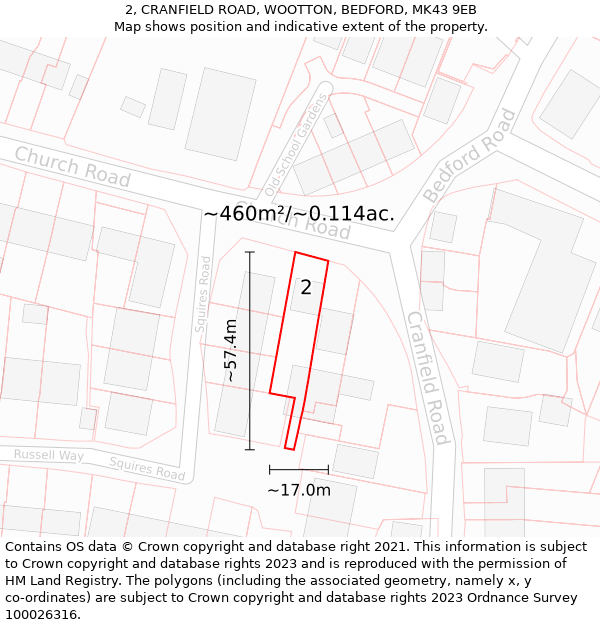 2, CRANFIELD ROAD, WOOTTON, BEDFORD, MK43 9EB: Plot and title map