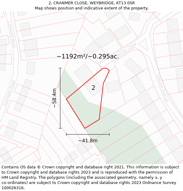 2, CRANMER CLOSE, WEYBRIDGE, KT13 0SR: Plot and title map