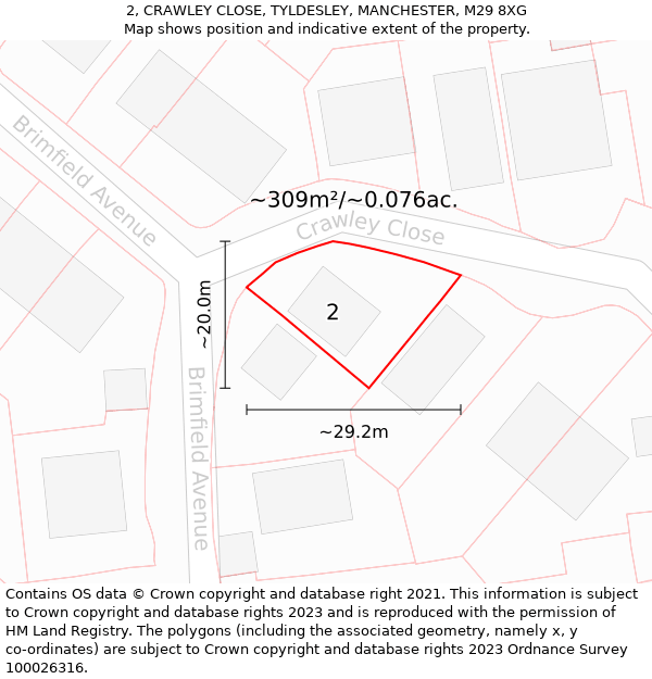 2, CRAWLEY CLOSE, TYLDESLEY, MANCHESTER, M29 8XG: Plot and title map