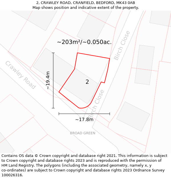2, CRAWLEY ROAD, CRANFIELD, BEDFORD, MK43 0AB: Plot and title map