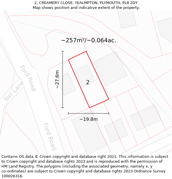 2, CREAMERY CLOSE, YEALMPTON, PLYMOUTH, PL8 2DY: Plot and title map