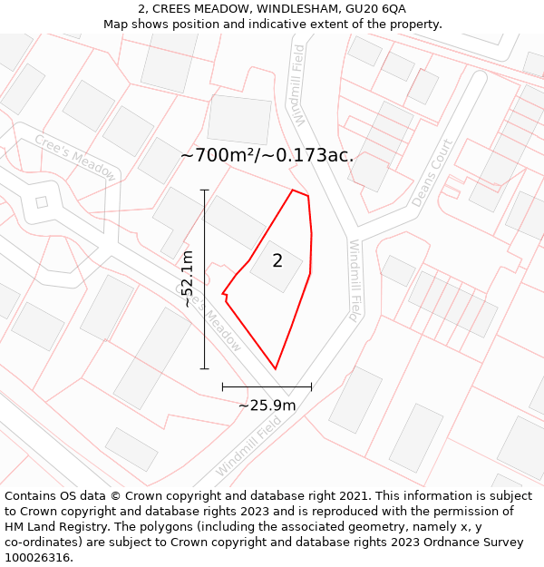 2, CREES MEADOW, WINDLESHAM, GU20 6QA: Plot and title map