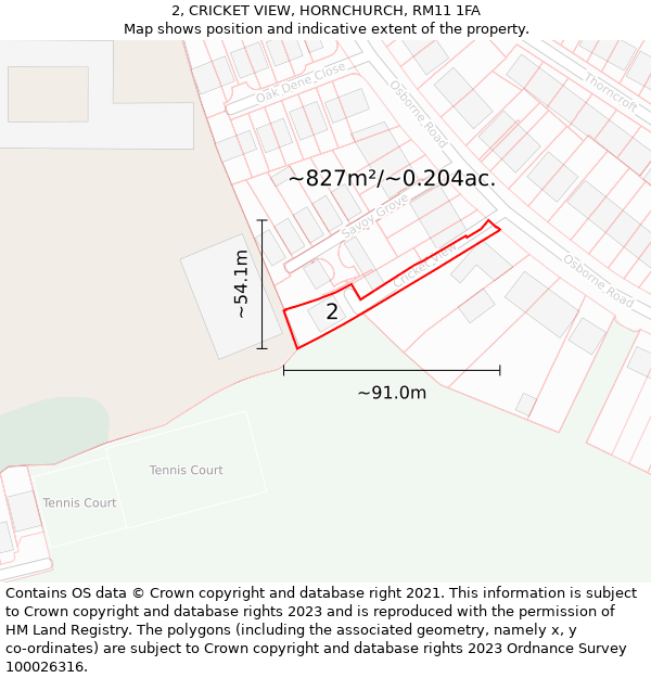 2, CRICKET VIEW, HORNCHURCH, RM11 1FA: Plot and title map