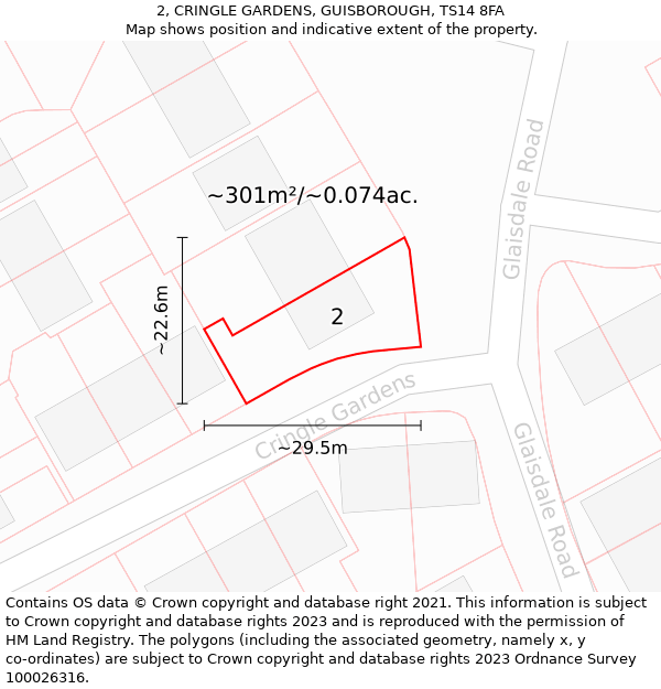 2, CRINGLE GARDENS, GUISBOROUGH, TS14 8FA: Plot and title map