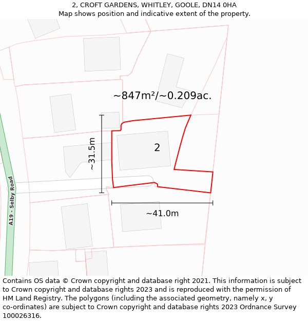 2, CROFT GARDENS, WHITLEY, GOOLE, DN14 0HA: Plot and title map