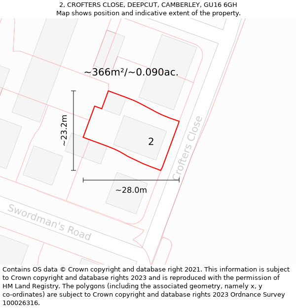 2, CROFTERS CLOSE, DEEPCUT, CAMBERLEY, GU16 6GH: Plot and title map