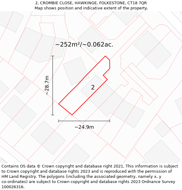 2, CROMBIE CLOSE, HAWKINGE, FOLKESTONE, CT18 7QR: Plot and title map