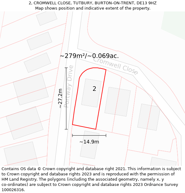 2, CROMWELL CLOSE, TUTBURY, BURTON-ON-TRENT, DE13 9HZ: Plot and title map