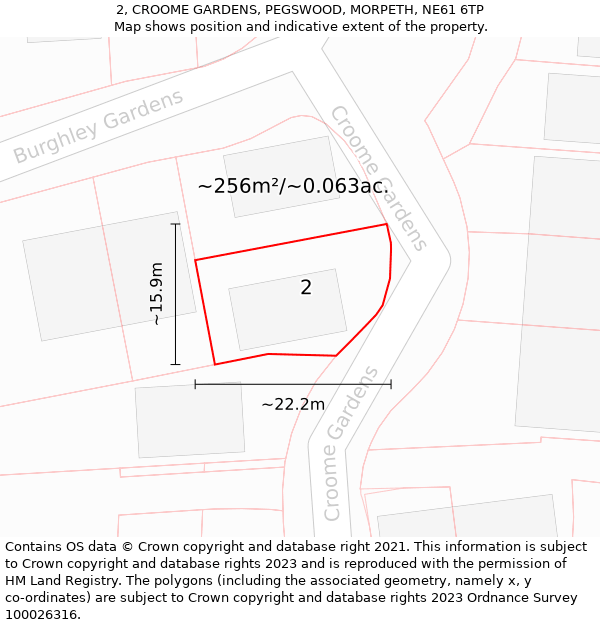 2, CROOME GARDENS, PEGSWOOD, MORPETH, NE61 6TP: Plot and title map